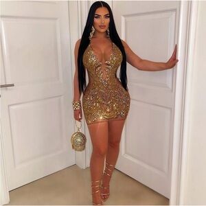 Gold Jeweled Mini Dress